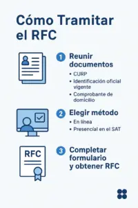Infografía paso a paso para tramitar el RFC en México. Muestra tres pasos: reunir documentos (CURP, identificación y comprobante de domicilio), elegir método (online en portal SAT o presencial en oficina SAT) y completar formulario para obtener la constancia oficial del RFC. Incluye íconos de documentos, computadora y certificado sobre fondo azul y blanco con estilo moderno y minimalista