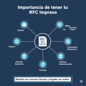 Infografía sobre la importancia de imprimir RFC en México. Documento con título 'RFC Impreso' y iconos representando empleo, cuentas bancarias, IMSS/SAT, facturación electrónica y trámites gubernamentales. Fondo azul oscuro, diseño moderno y minimalista.