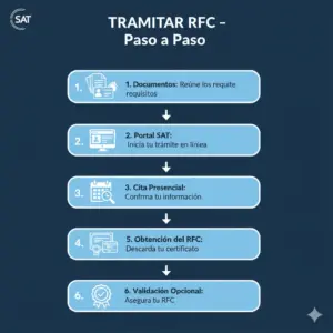 Infografía que muestra los pasos para tramitar el RFC en México: reunir documentos, elegir método (en línea o presencial), verificar datos, obtener RFC y validar RFC opcionalmente, con iconos representativos y diseño moderno en azul y blanco.