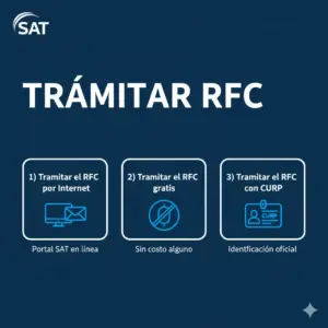 Infografía que explica cómo tramitar el RFC en México. Muestra tres opciones: tramitar por Internet usando CURP y correo electrónico, tramitar gratis sin costo adicional, y tramitar usando CURP para obtener el RFC oficial. Diseño moderno, estilo flat, con íconos de computadora, dinero tachado y CURP sobre fondo azul y blanco.