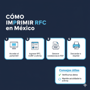 Infografía paso a paso sobre cómo imprimir RFC en México. Fondo azul oscuro con cuatro secciones numeradas: 1) Acceder al portal SAT, 2) Ingresar RFC, CURP o e.firma, 3) Generar constancia en PDF, 4) Descargar e imprimir. Incluye consejos útiles sobre verificación y actualización de datos, iconos representativos y diseño moderno y limpio.