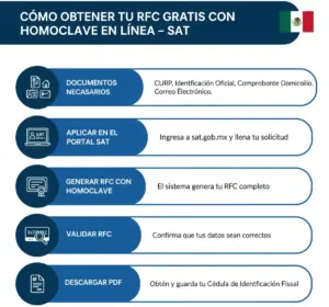 Infografía minimalista y profesional que muestra cómo obtener tu RFC gratis con homoclave en línea en el portal oficial del SAT México, paso a paso.
