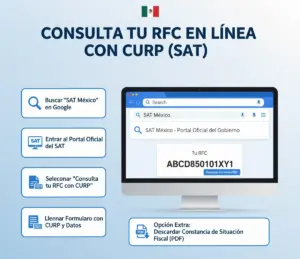 Infografía que muestra cómo consultar el RFC gratis en línea usando la CURP en el portal oficial del SAT México con una guía visual paso a paso.
