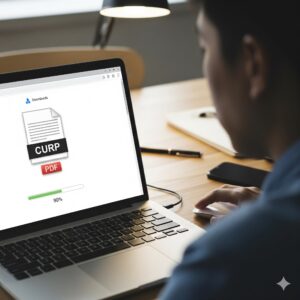 Persona descargando CURP gratis en PDF desde su computadora.