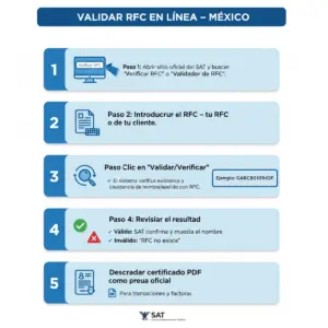 Infografía paso a paso sobre cómo validar RFC en México con ejemplo de RFC con Homoclave.